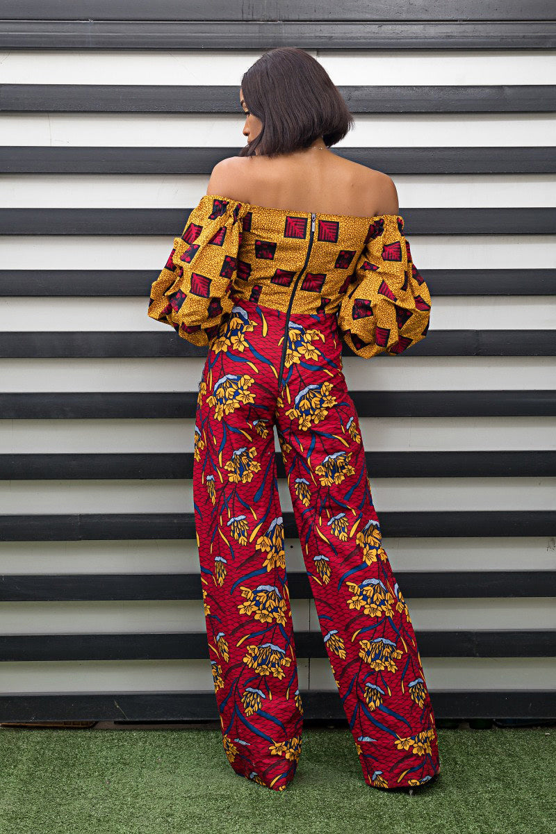 Bella Mixed Print Off Shoulder Bell Sleeves Red and Yellow Jumpsuit Romper
