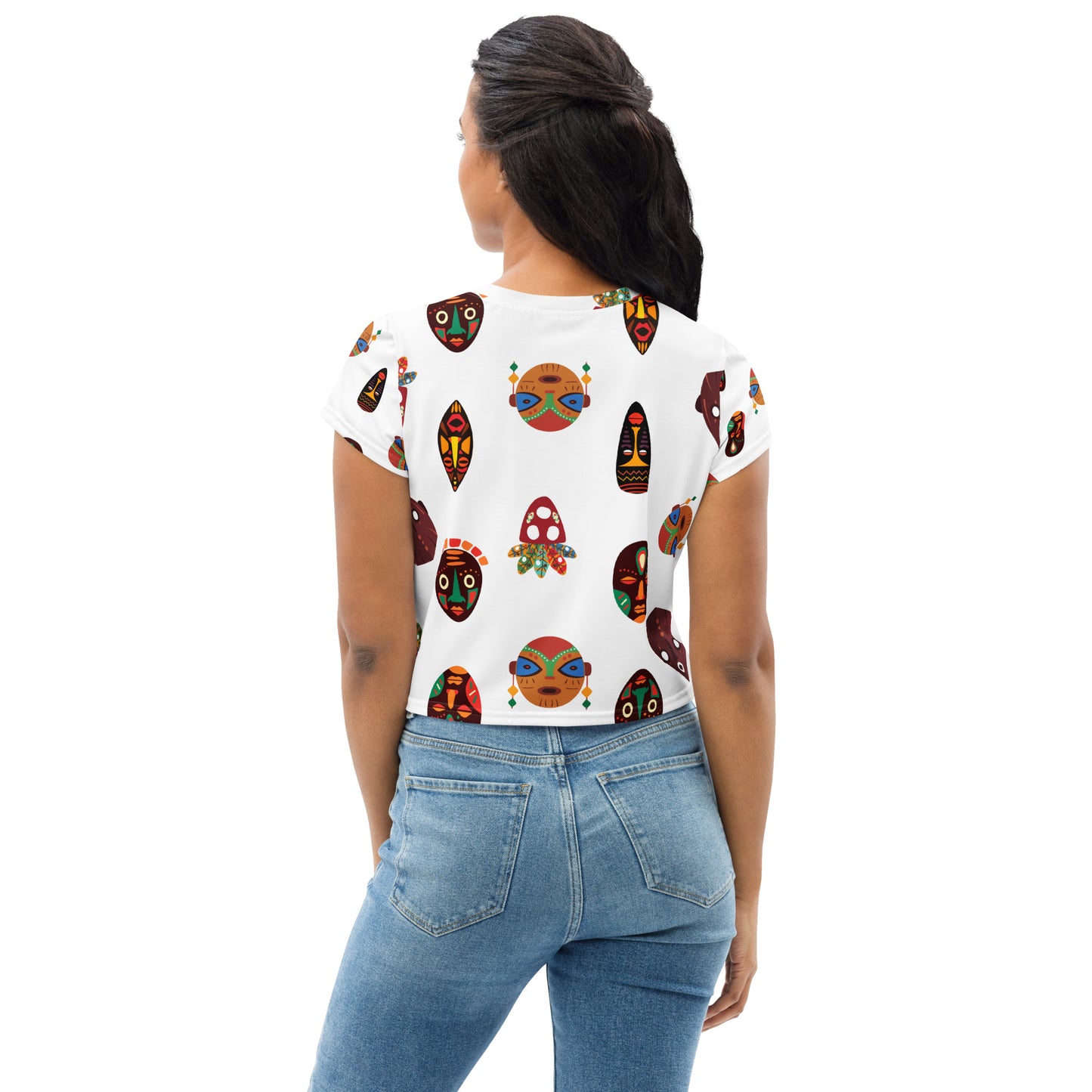 Chi Tribal Mask Multi-Face Short Sleeve Crop Top