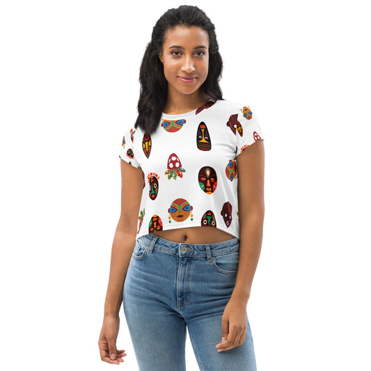 Chi Tribal Mask Multi-Face Short Sleeve Crop Top