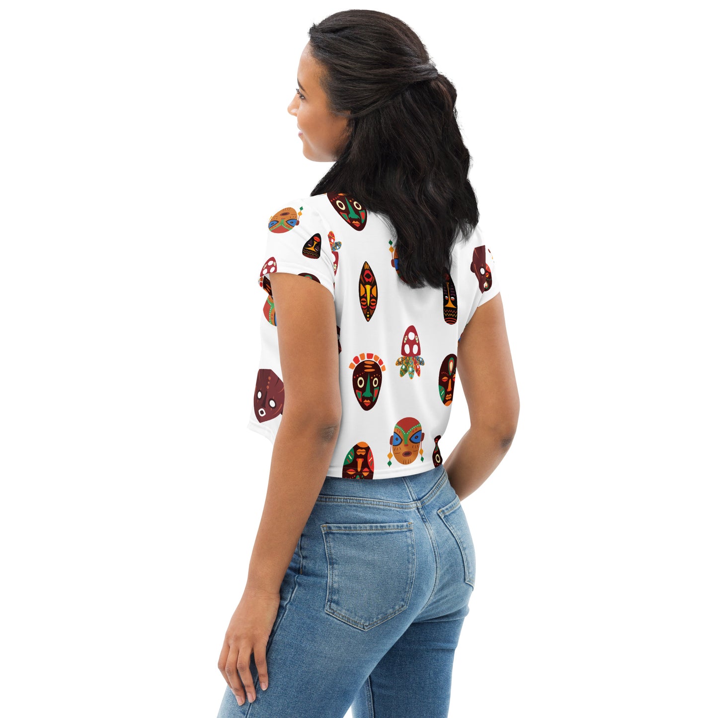 Chi Tribal Mask Multi-Face Short Sleeve Crop Top