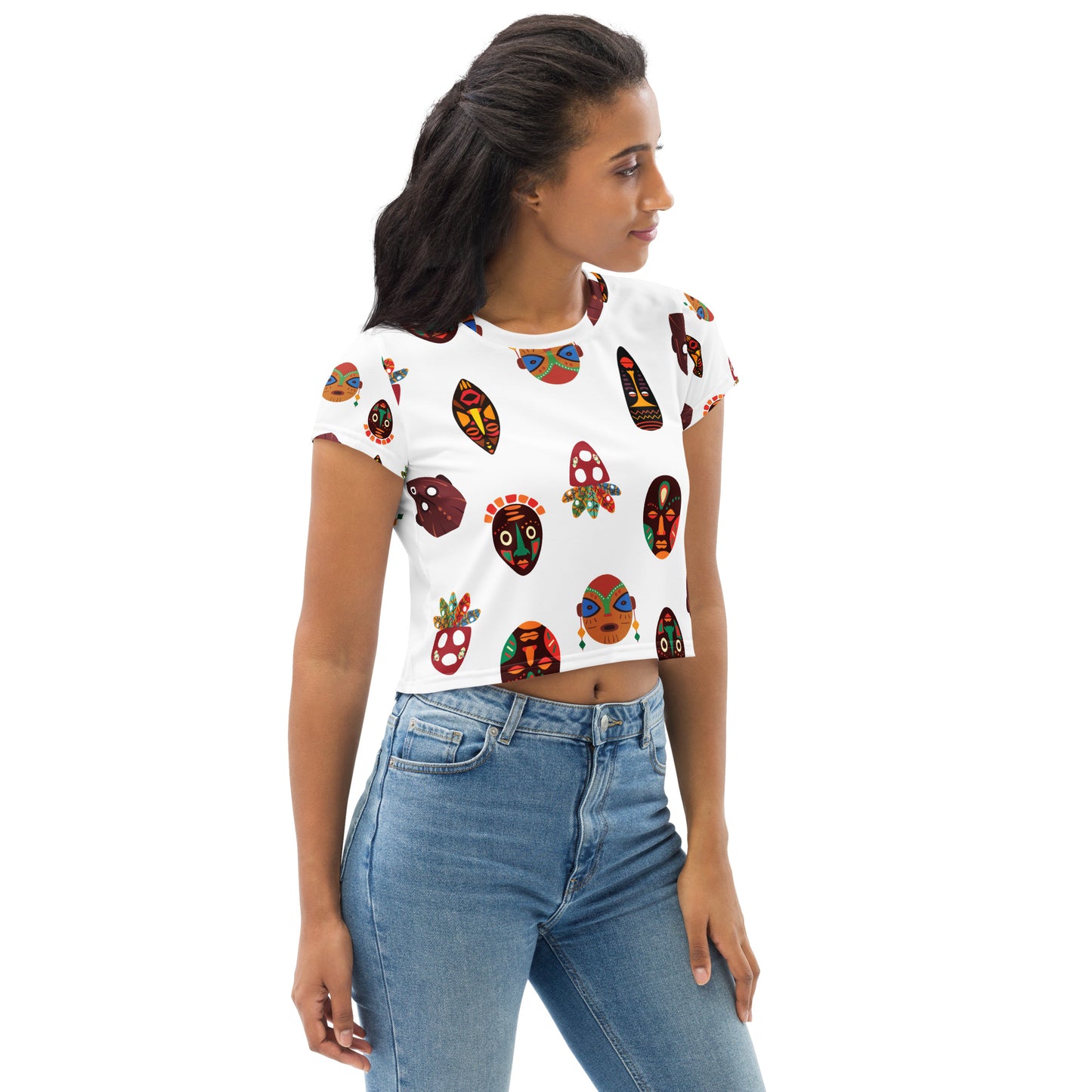 Chi Tribal Mask Multi-Face Short Sleeve Crop Top