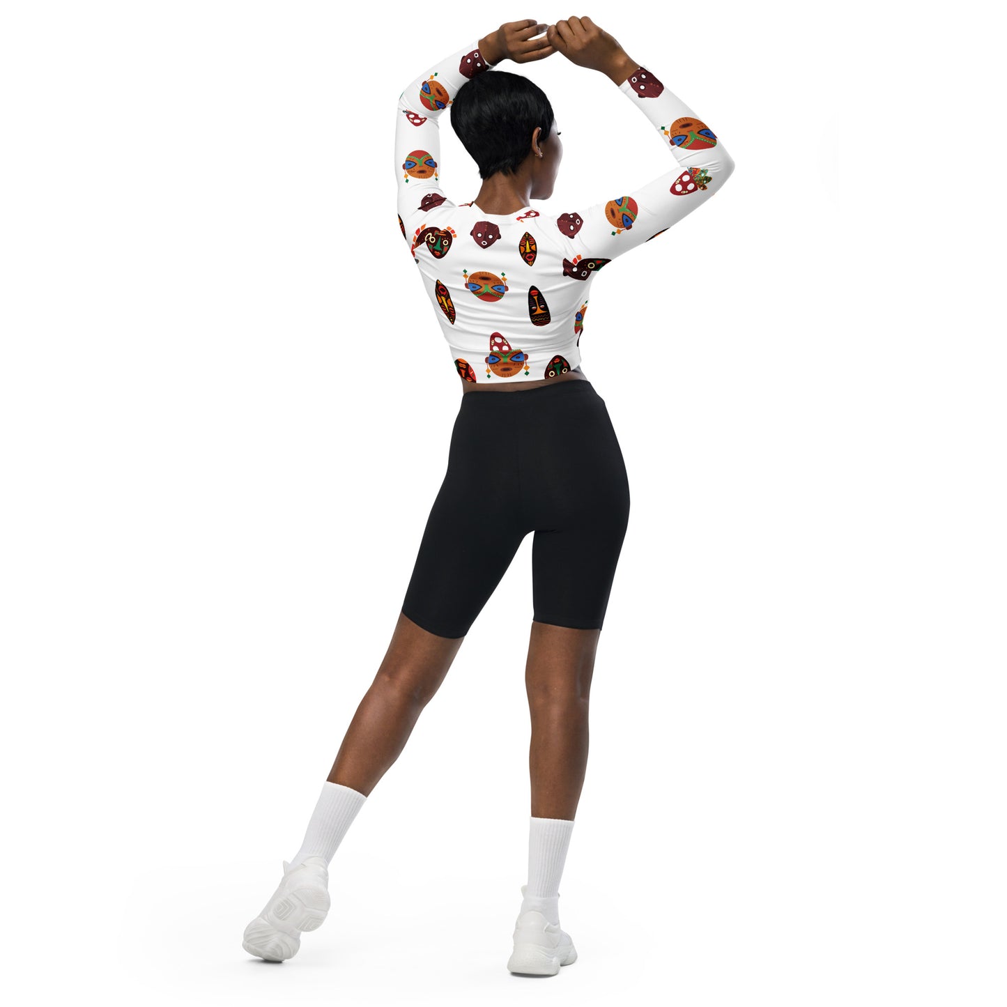 Chi Tribal Mask Multi-Face Long Sleeve Crop Top